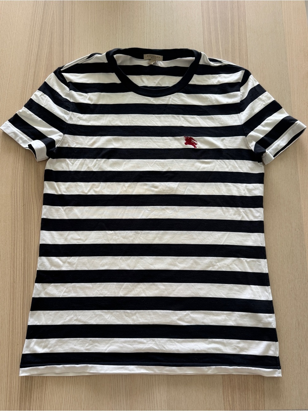 Burberry Black & White Striped Crew Tee with Red Logo
